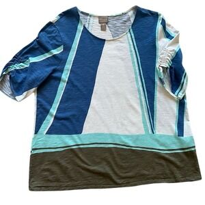 CHiCO'S Sz L 3 US 16 colorblock‎ top tee shirt gathered elbow length sleeves